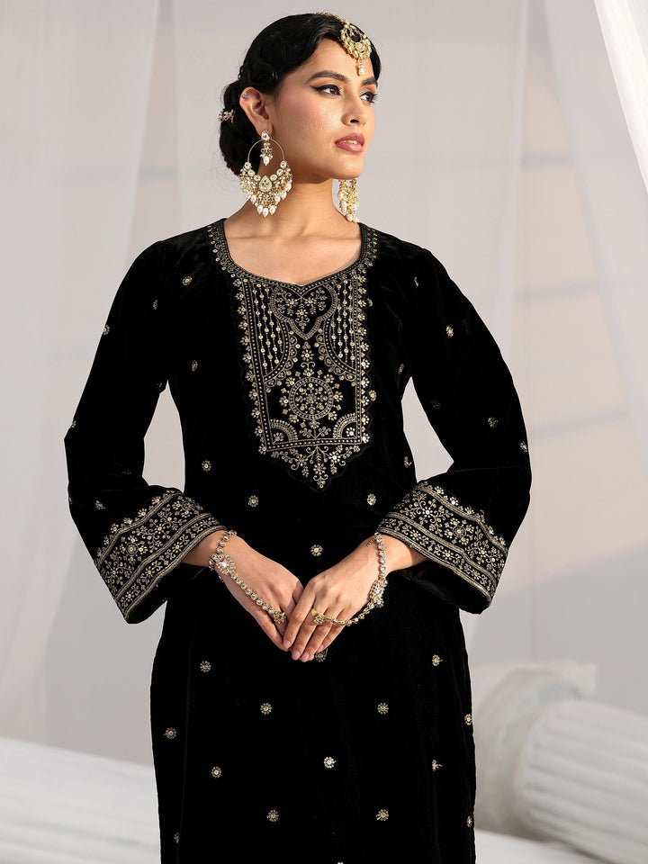 Libas Black Embroidered Velvet Straight Suit Set