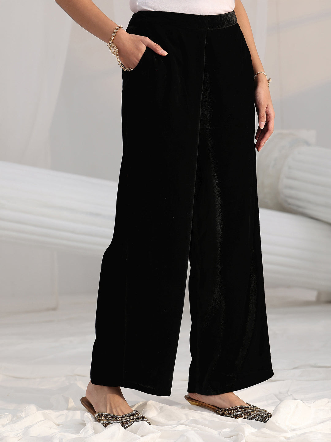 Libas Black Embroidered Velvet Straight Suit Set