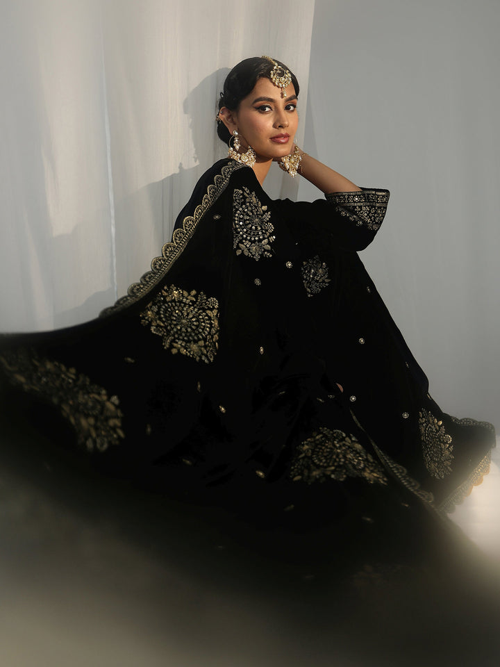 Libas Black Embroidered Velvet Straight Suit Set