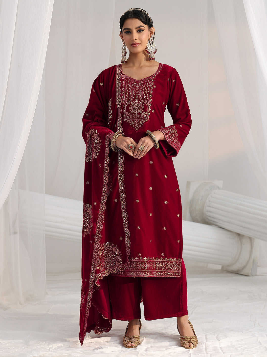 Libas Red Floral Embellished Velvet Straight Suit Set