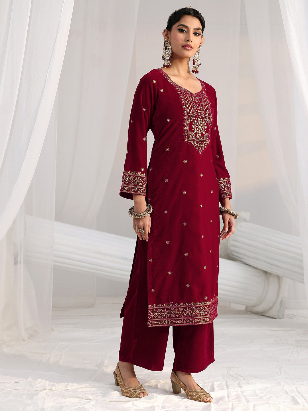 Libas Red Floral Embellished Velvet Straight Suit Set