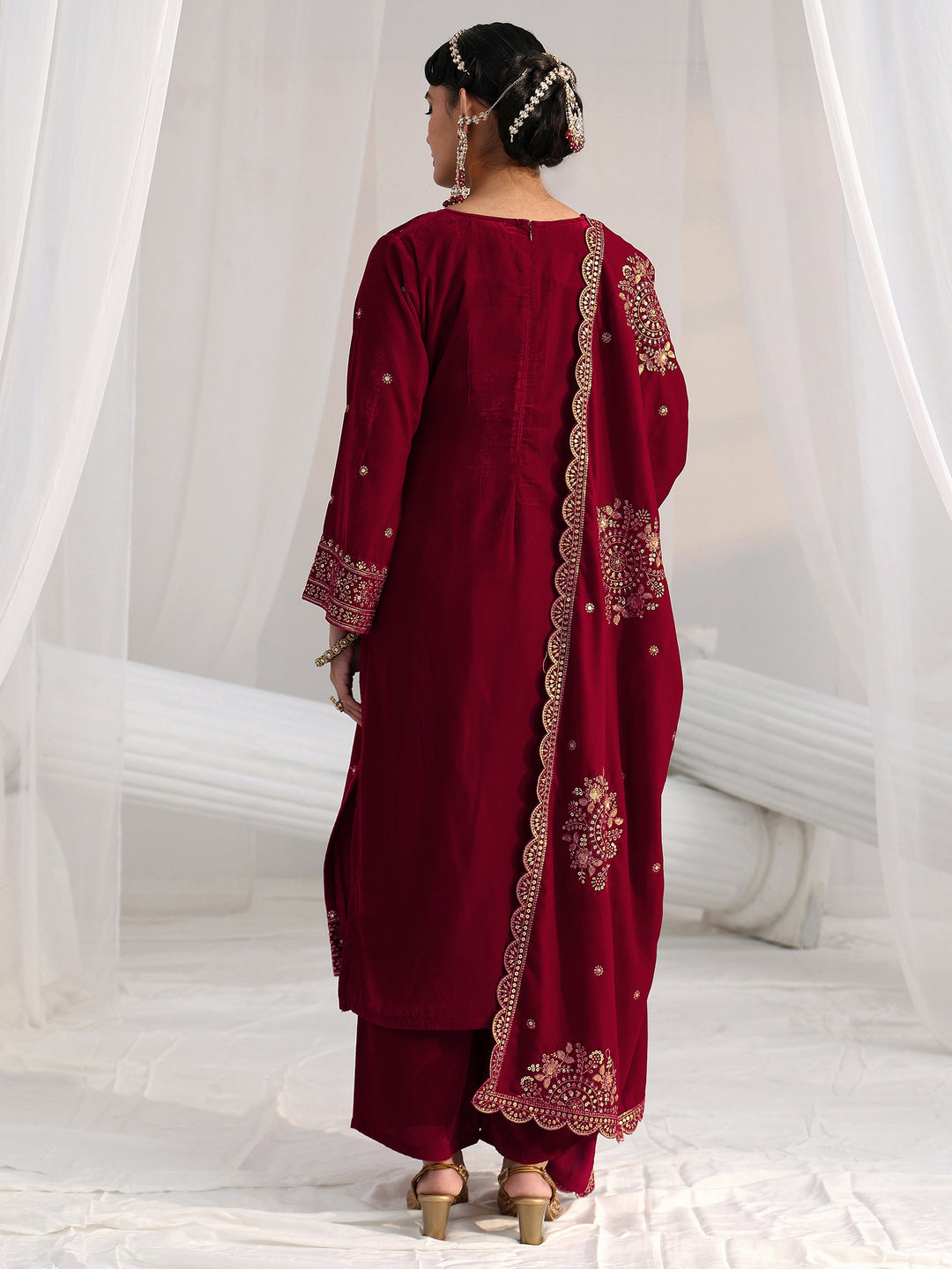 Libas Red Floral Embellished Velvet Straight Suit Set