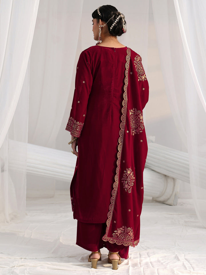 Libas Red Floral Embellished Velvet Straight Suit Set