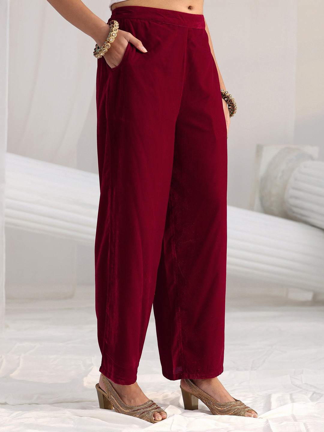 Libas Red Floral Embellished Velvet Straight Suit Set