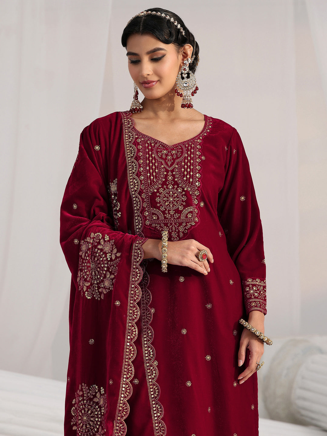 Libas Red Floral Embellished Velvet Straight Suit Set