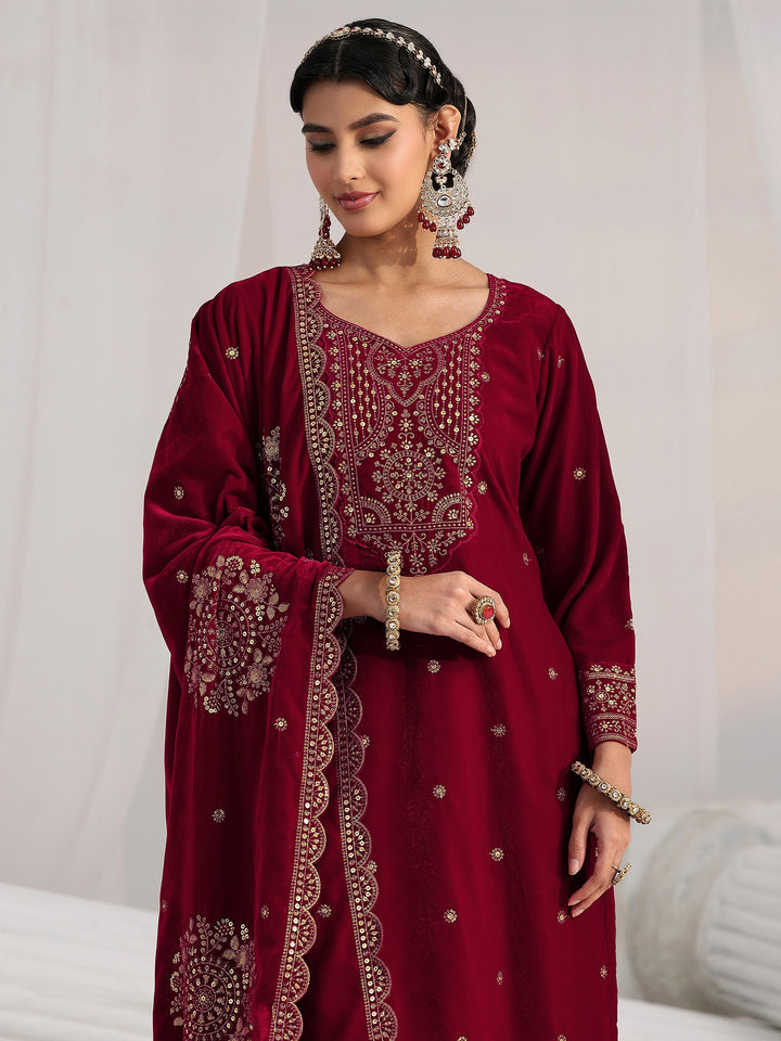 Libas Red Floral Embellished Velvet Straight Suit Set