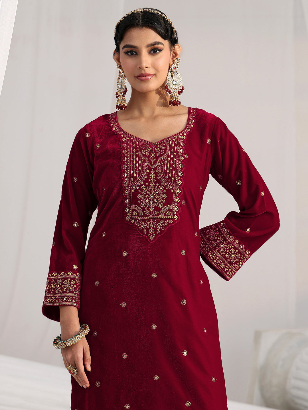 Libas Red Floral Embellished Velvet Straight Suit Set
