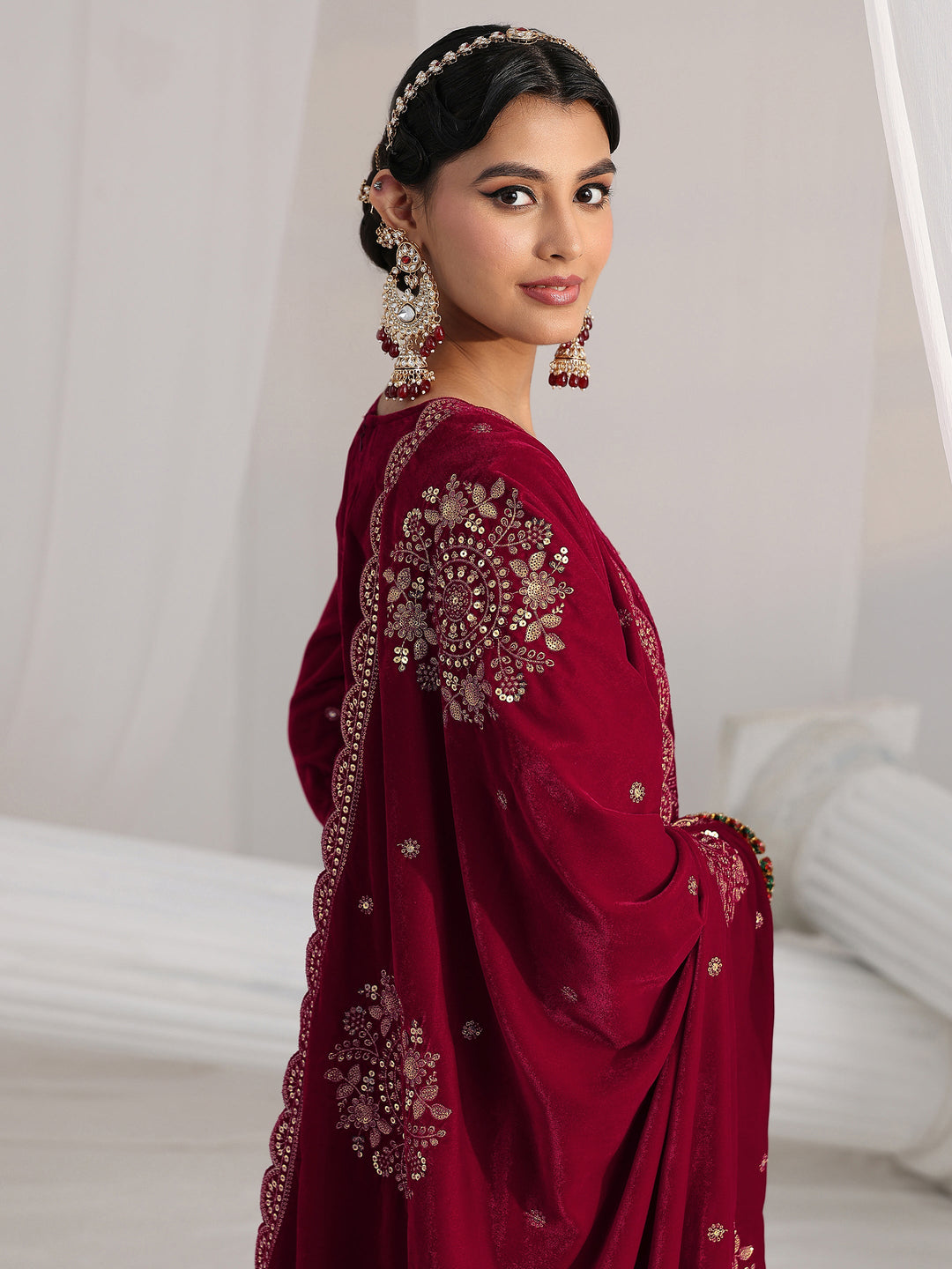 Libas Red Floral Embellished Velvet Straight Suit Set