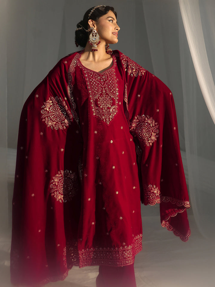 Libas Red Floral Embellished Velvet Straight Suit Set
