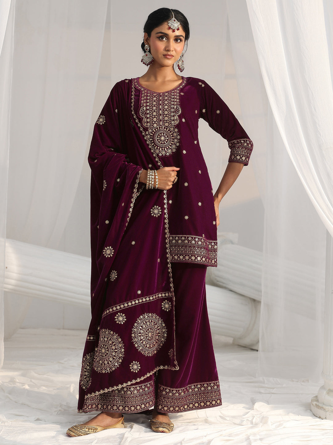 Libas Maroon Embellished Velvet Straight Suit Set