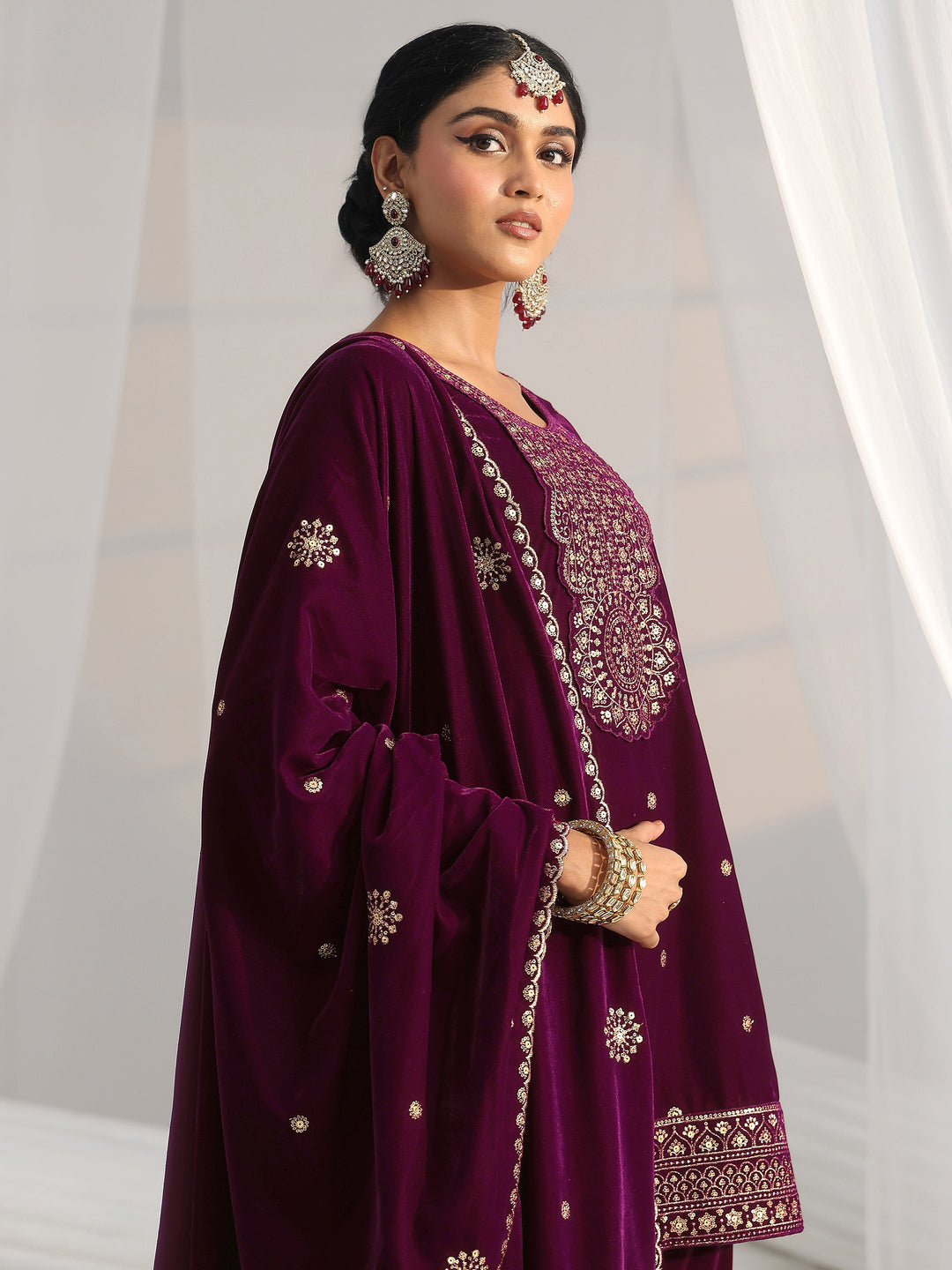 Libas Maroon Embellished Velvet Straight Suit Set