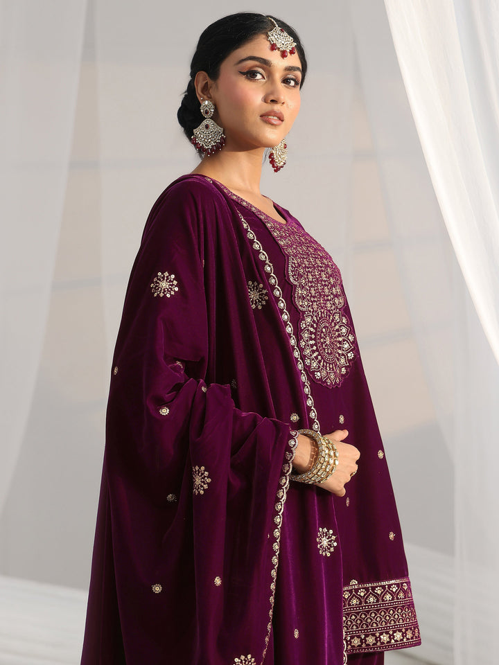Libas Maroon Embellished Velvet Straight Suit Set