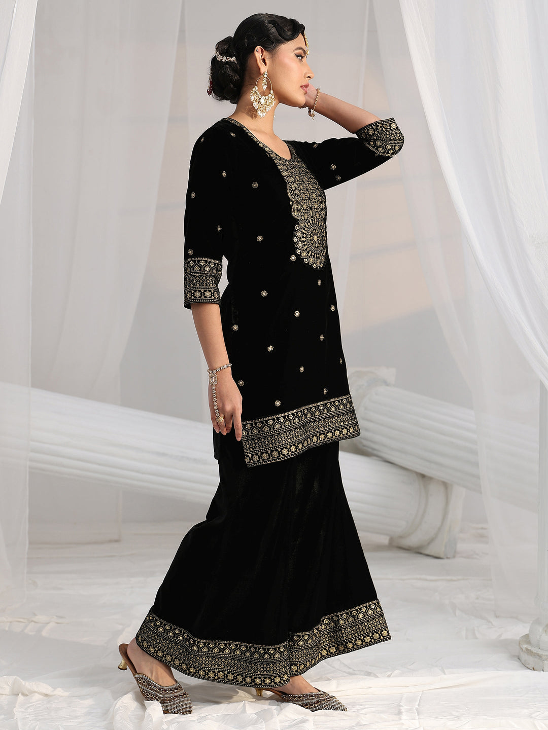 Libas Black Embellished Velvet Straight Suit Set