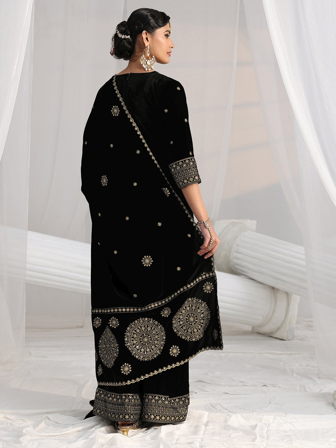 Libas Black Embellished Velvet Straight Suit Set