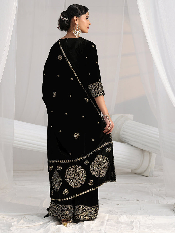 Libas Black Embellished Velvet Straight Suit Set