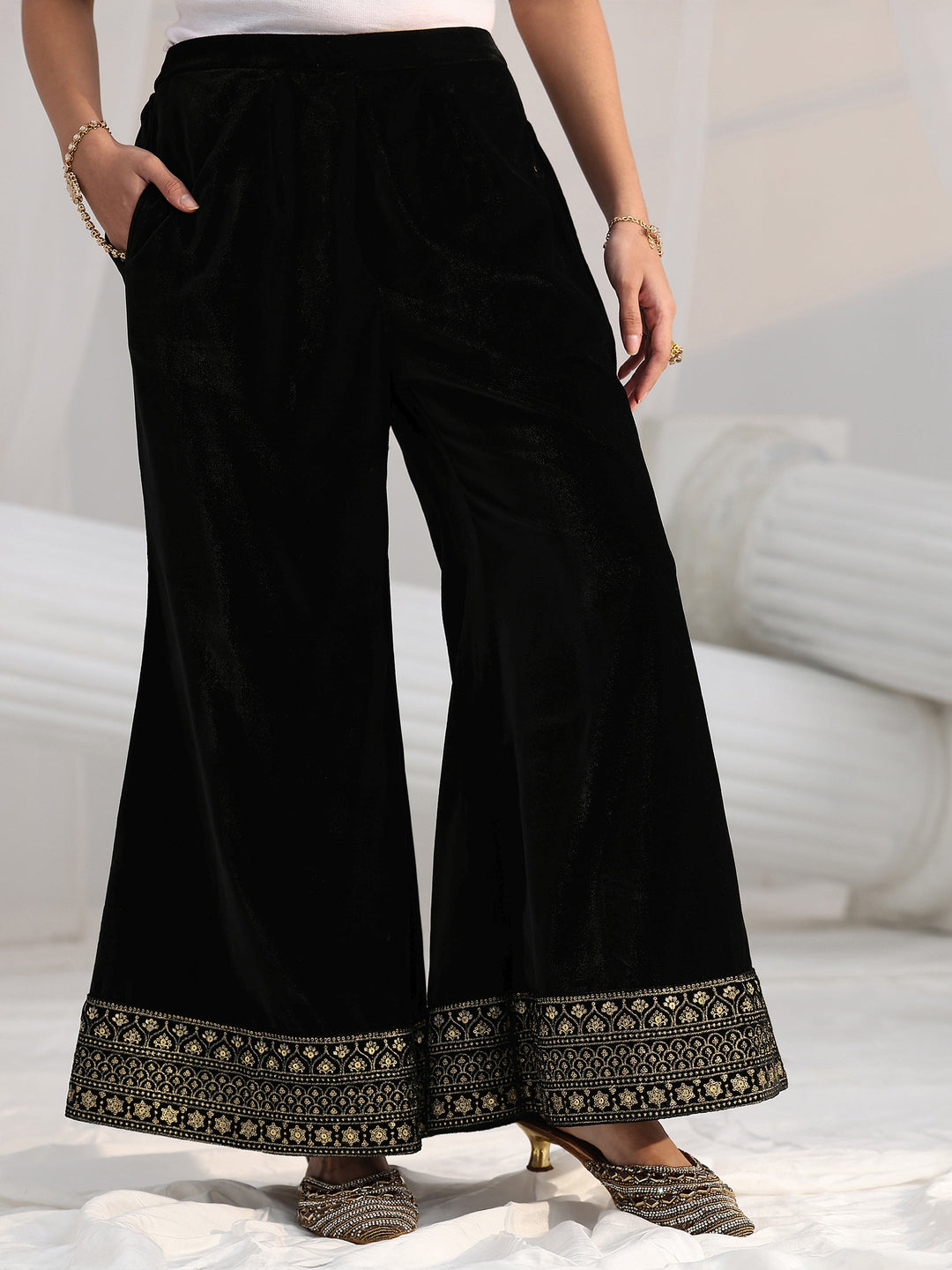 Libas Black Embellished Velvet Straight Suit Set