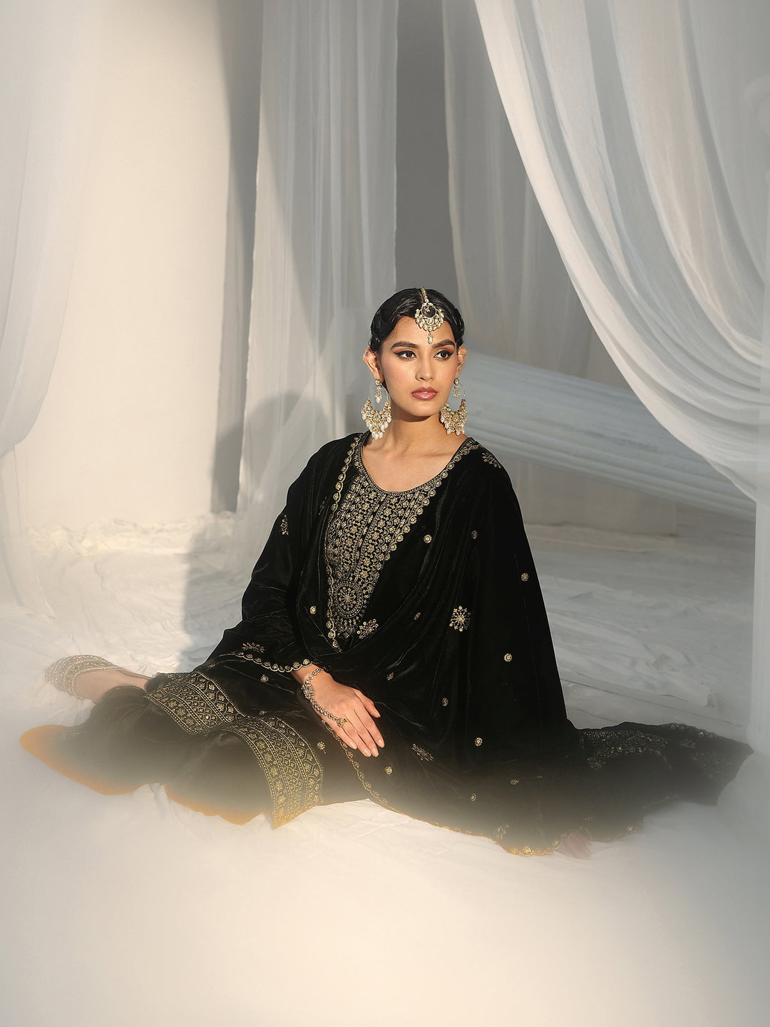 Libas Black Embellished Velvet Straight Suit Set