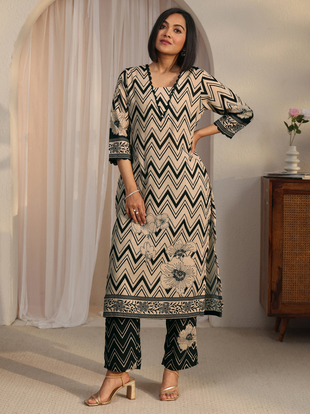 Libas Beige Chevron Printed Cotton Blend Straight Kurta Set