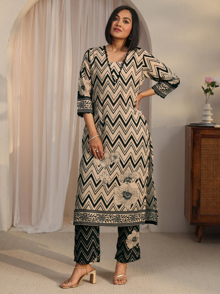 Libas Beige Chevron Printed Cotton Blend Straight Kurta Set