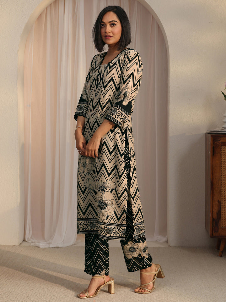 Libas Beige Chevron Printed Cotton Blend Straight Kurta Set