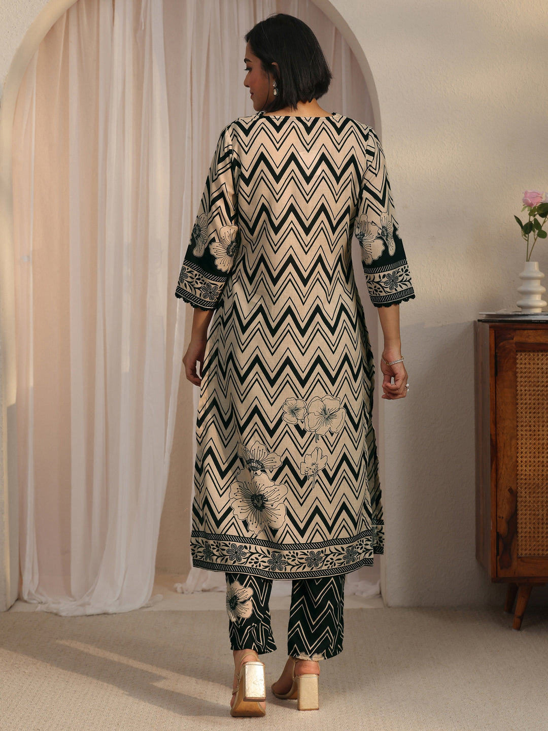 Libas Beige Chevron Printed Cotton Blend Straight Kurta Set