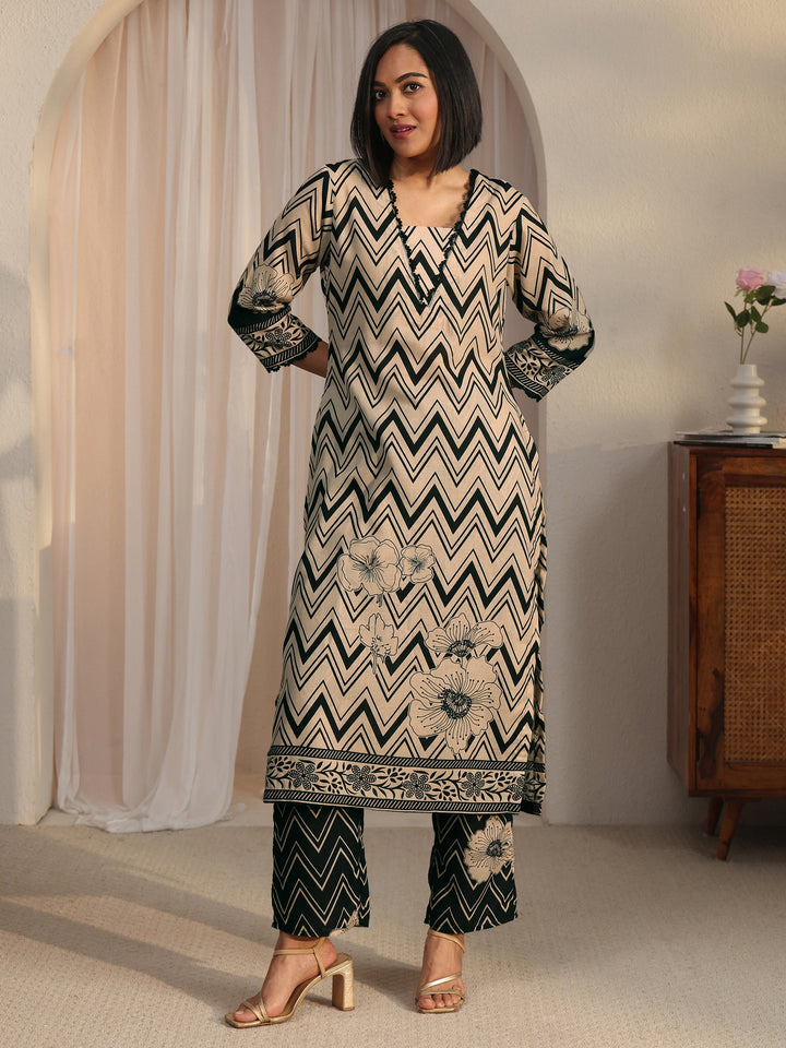 Libas Beige Chevron Printed Cotton Blend Straight Kurta Set