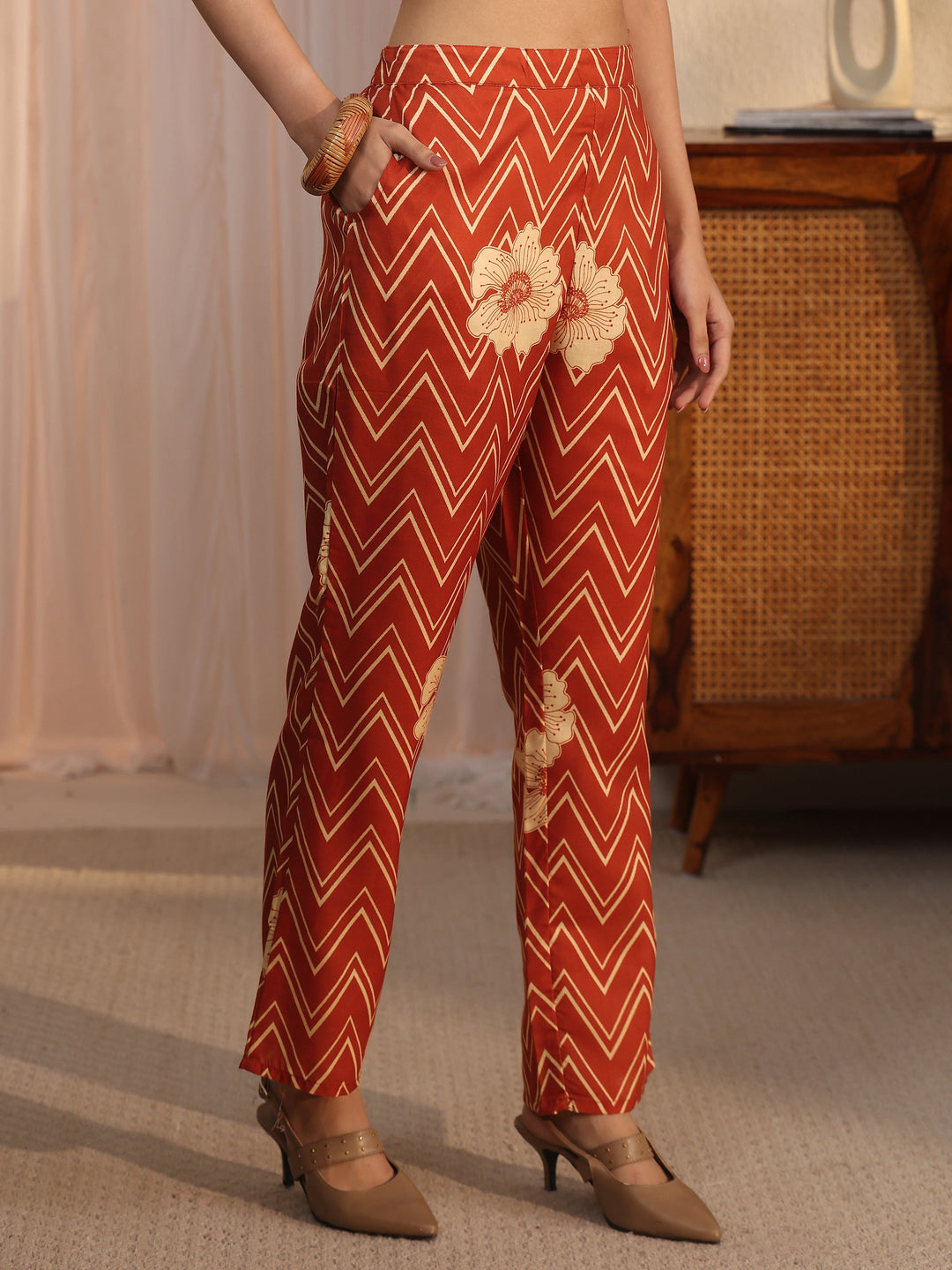 Libas Beige Chevron Printed Cotton Blend Straight Kurta Set