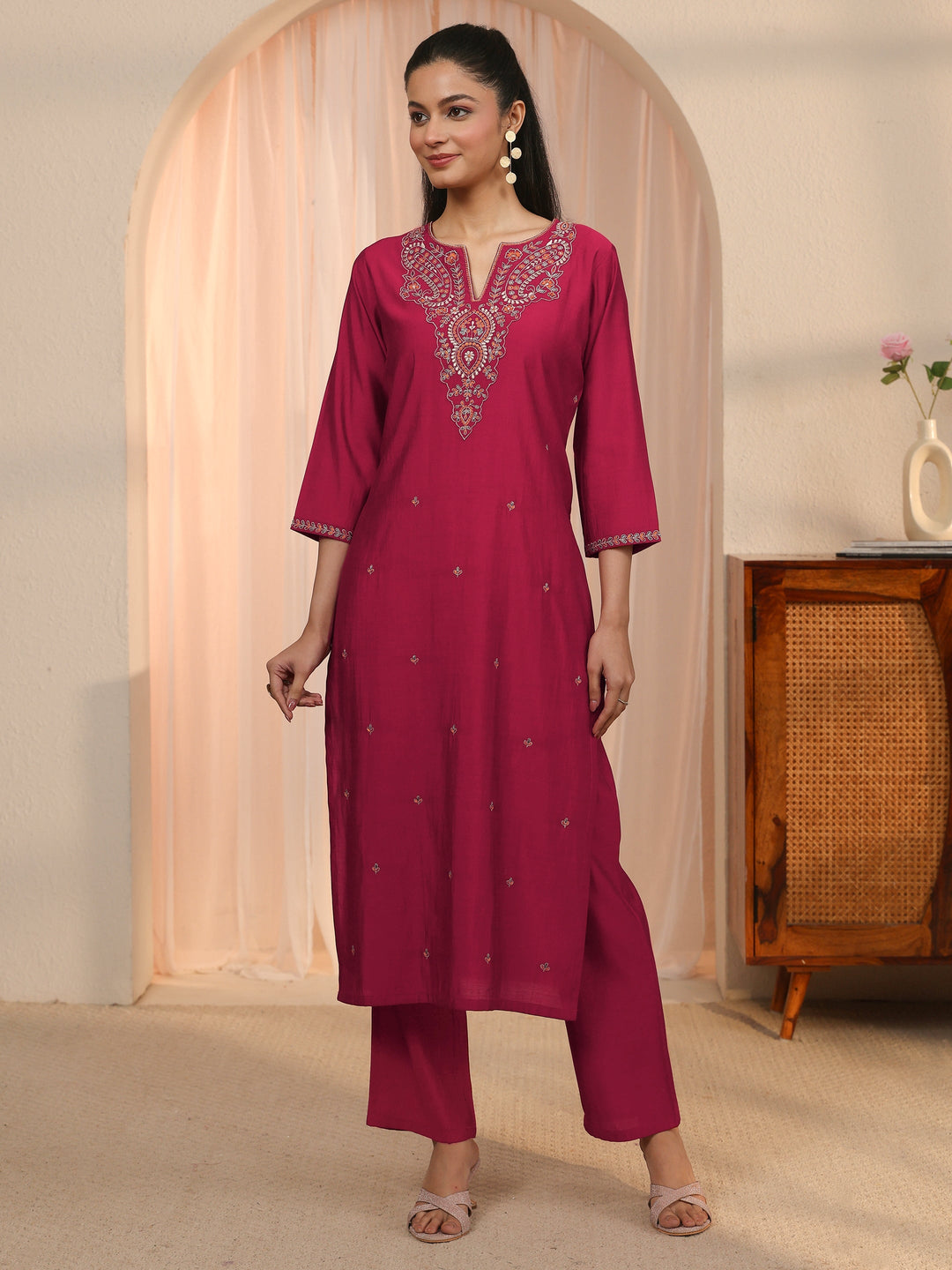 Libas Red Floral Embroidered Silk Blend Straight Kurta Set
