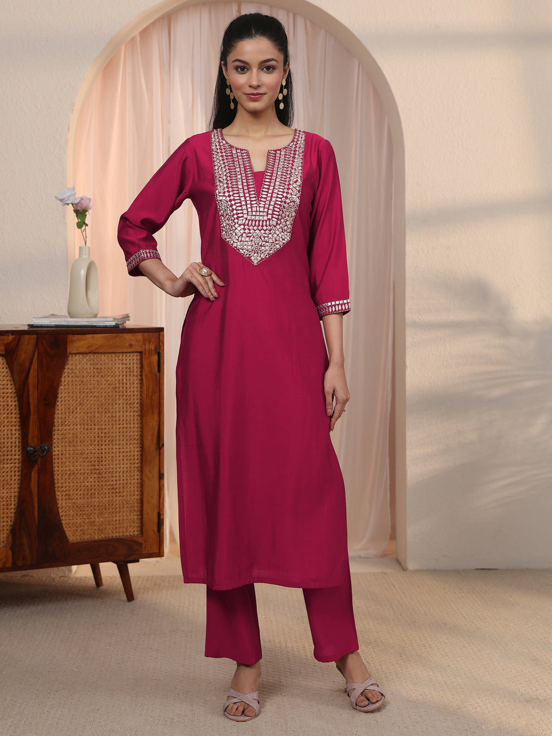 Libas Red Yoke Design Silk Blend Straight Kurta Set