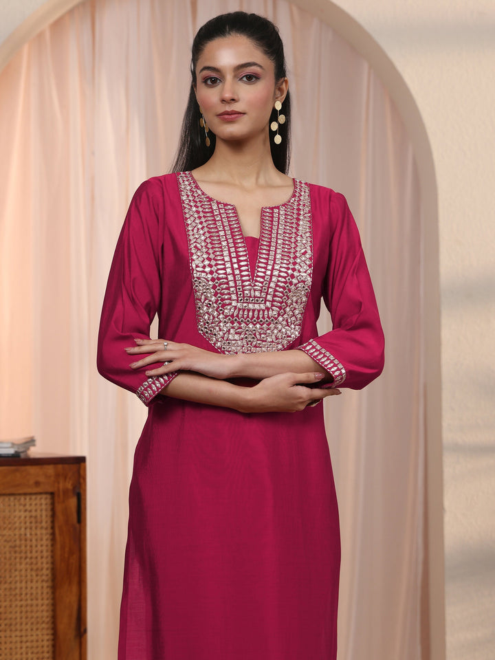 Libas Red Yoke Design Silk Blend Straight Kurta Set