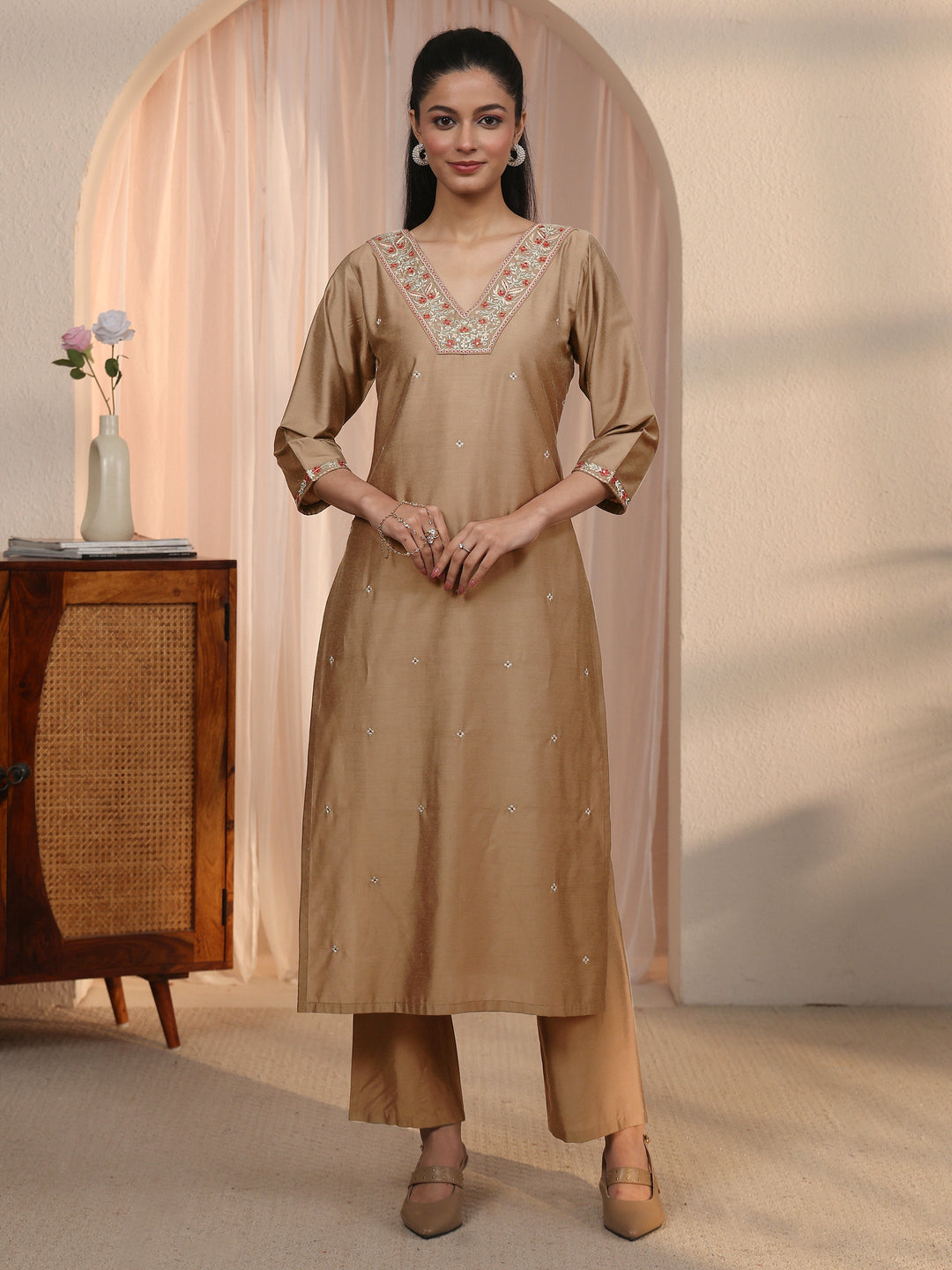Libas Brown Floral Embroidered Silk Blend Straight Kurta Set