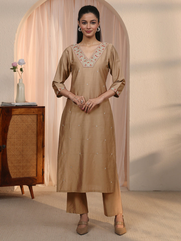 Libas Brown Floral Embroidered Silk Blend Straight Kurta Set