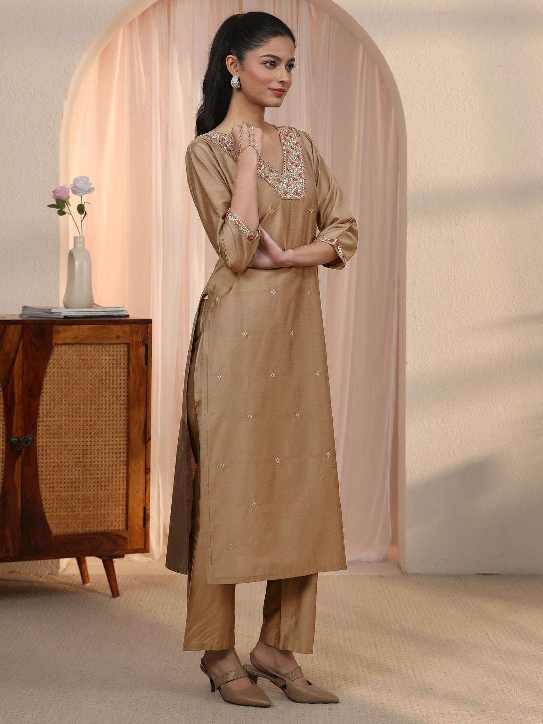 Libas Brown Floral Embroidered Silk Blend Straight Kurta Set