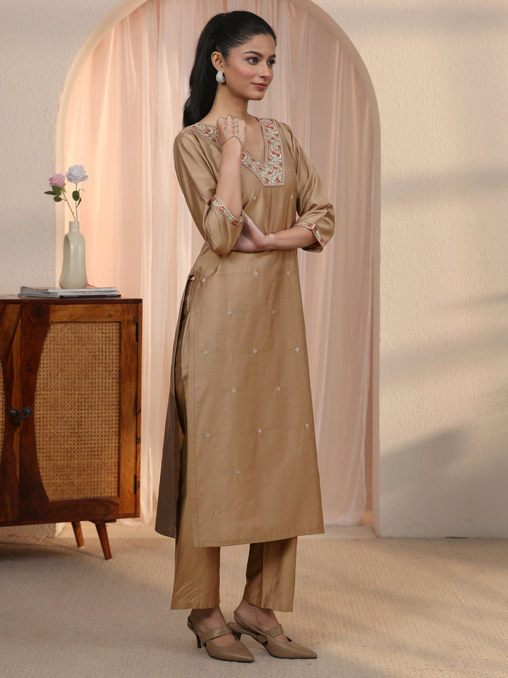 Libas Brown Floral Embroidered Silk Blend Straight Kurta Set