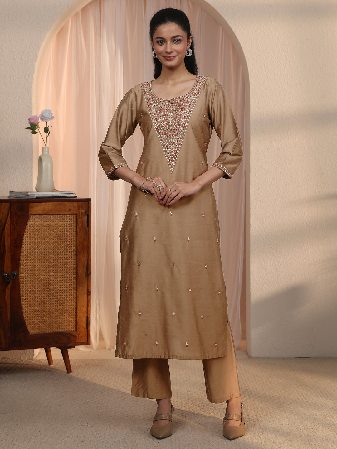 Libas Brown Floral Embroidered Silk Blend Straight Kurta Set