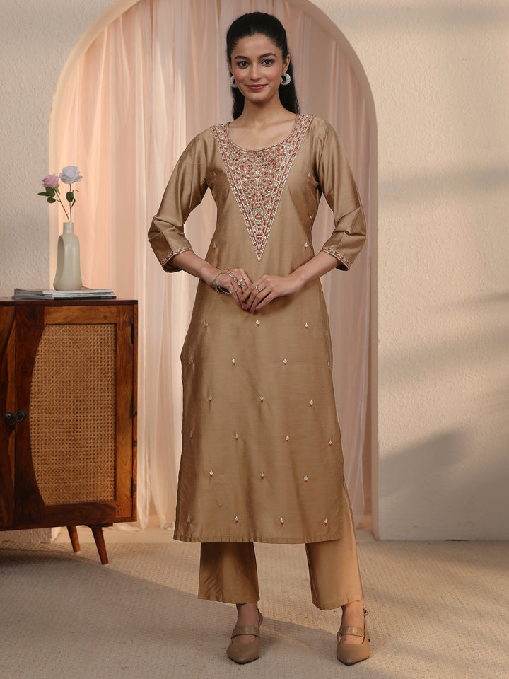 Libas Brown Floral Embroidered Silk Blend Straight Kurta Set