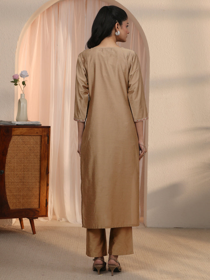 Libas Brown Floral Embroidered Silk Blend Straight Kurta Set