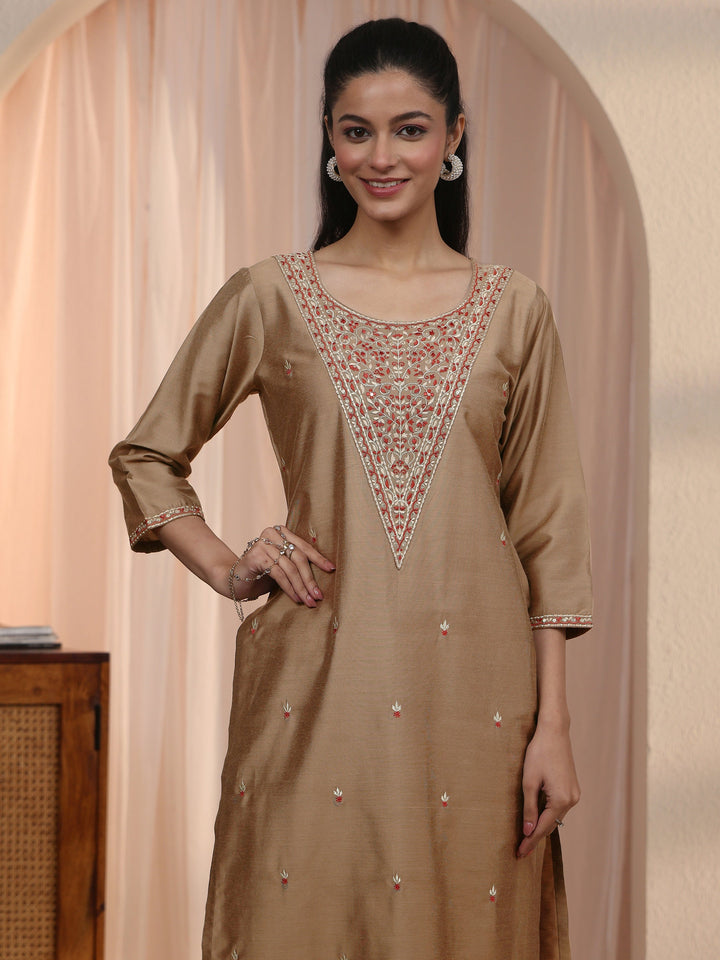 Libas Brown Floral Embroidered Silk Blend Straight Kurta Set