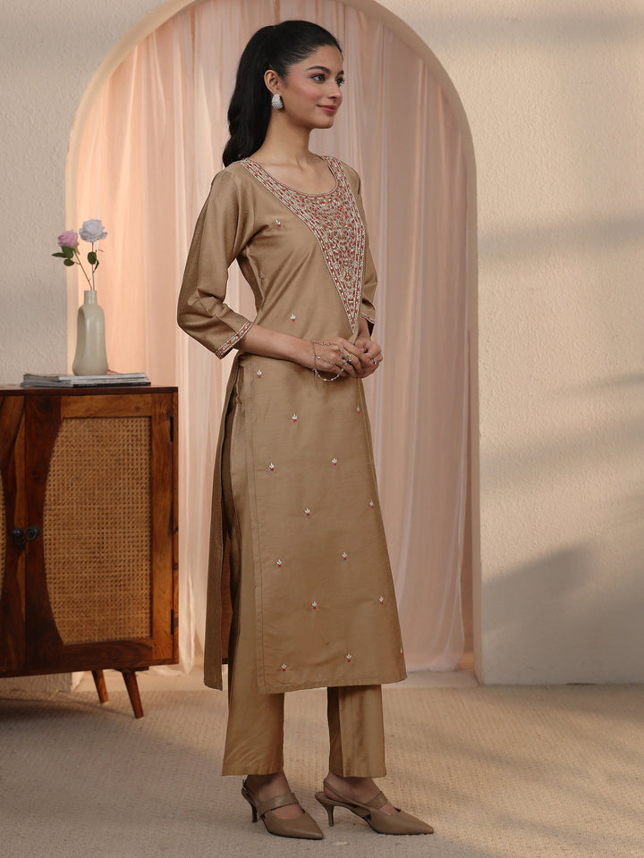 Libas Brown Floral Embroidered Silk Blend Straight Kurta Set