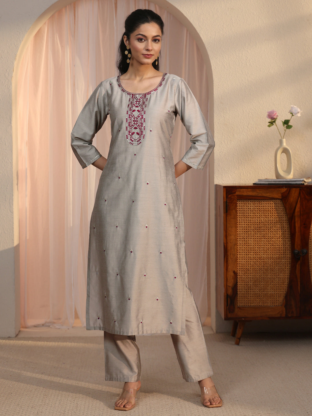 Libas Grey Floral Embroidered Silk Blend Straight Kurta Set