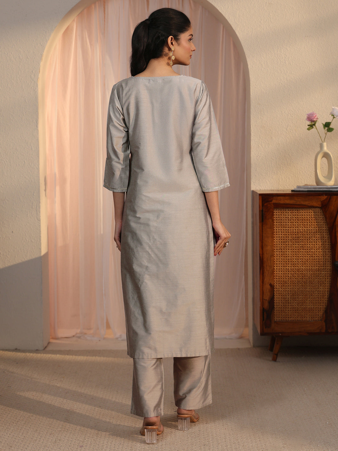 Libas Grey Floral Embroidered Silk Blend Straight Kurta Set