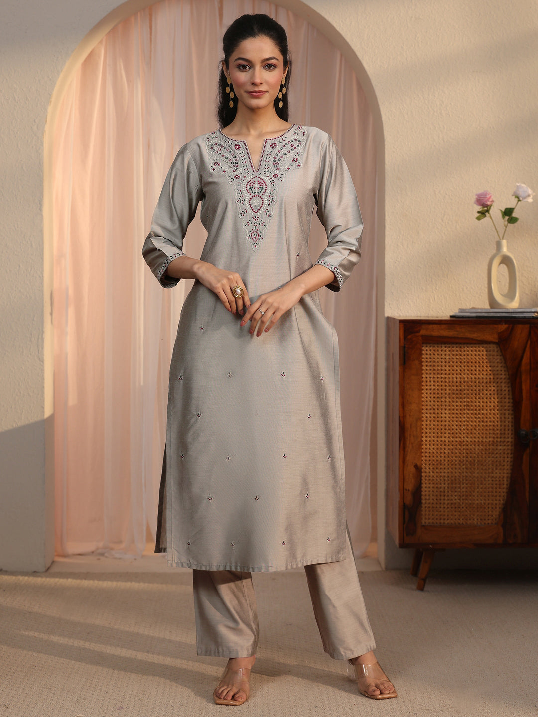 Libas Grey Floral Embroidered Silk Blend Straight Kurta Set