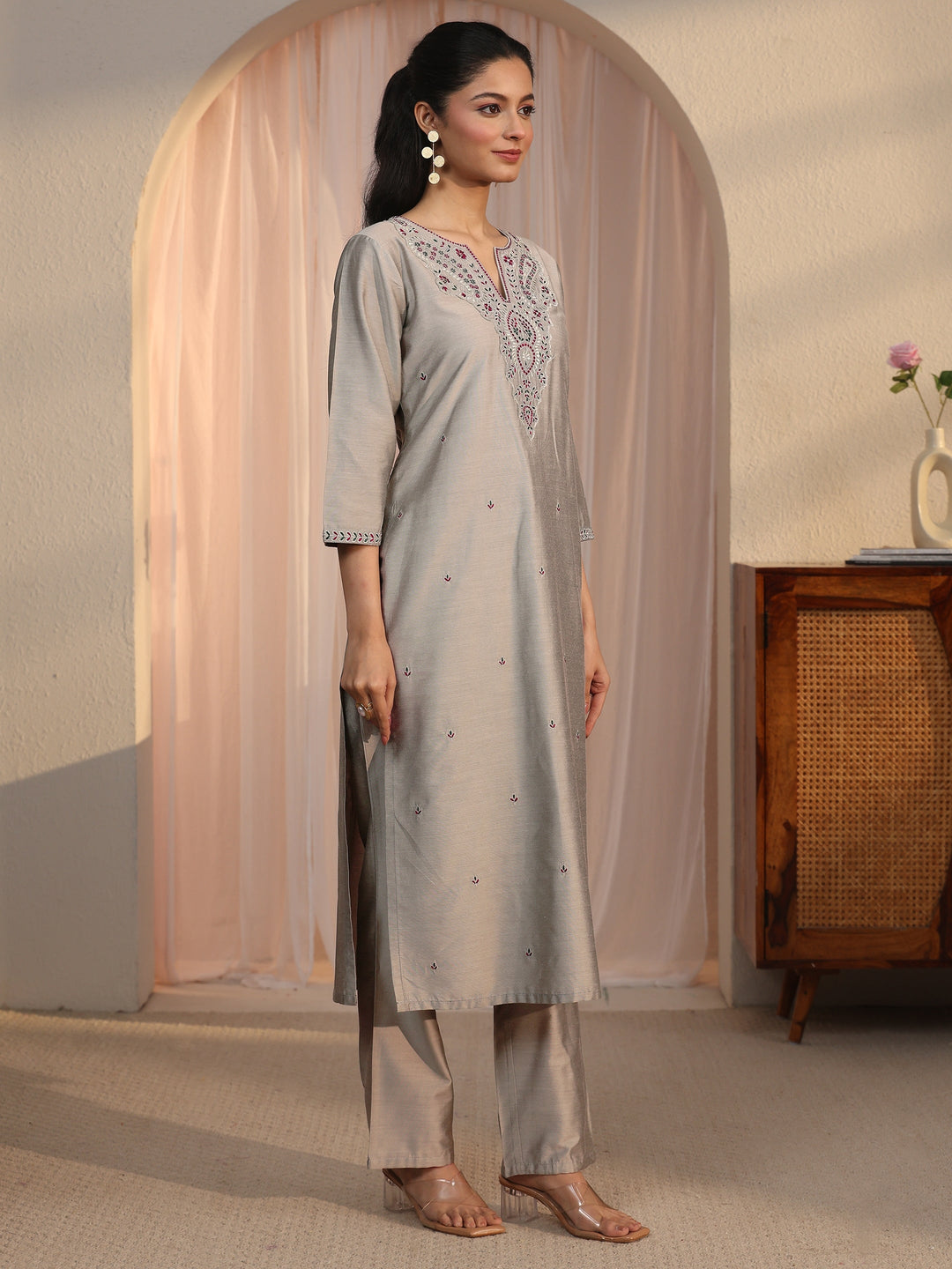 Libas Grey Floral Embroidered Silk Blend Straight Kurta Set