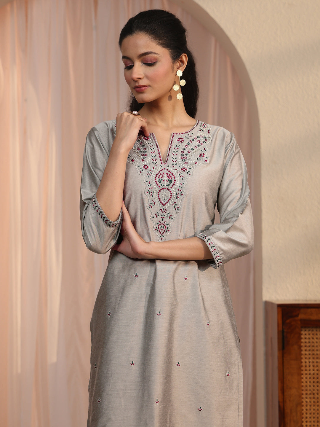 Libas Grey Floral Embroidered Silk Blend Straight Kurta Set