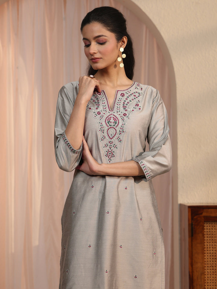 Libas Grey Floral Embroidered Silk Blend Straight Kurta Set
