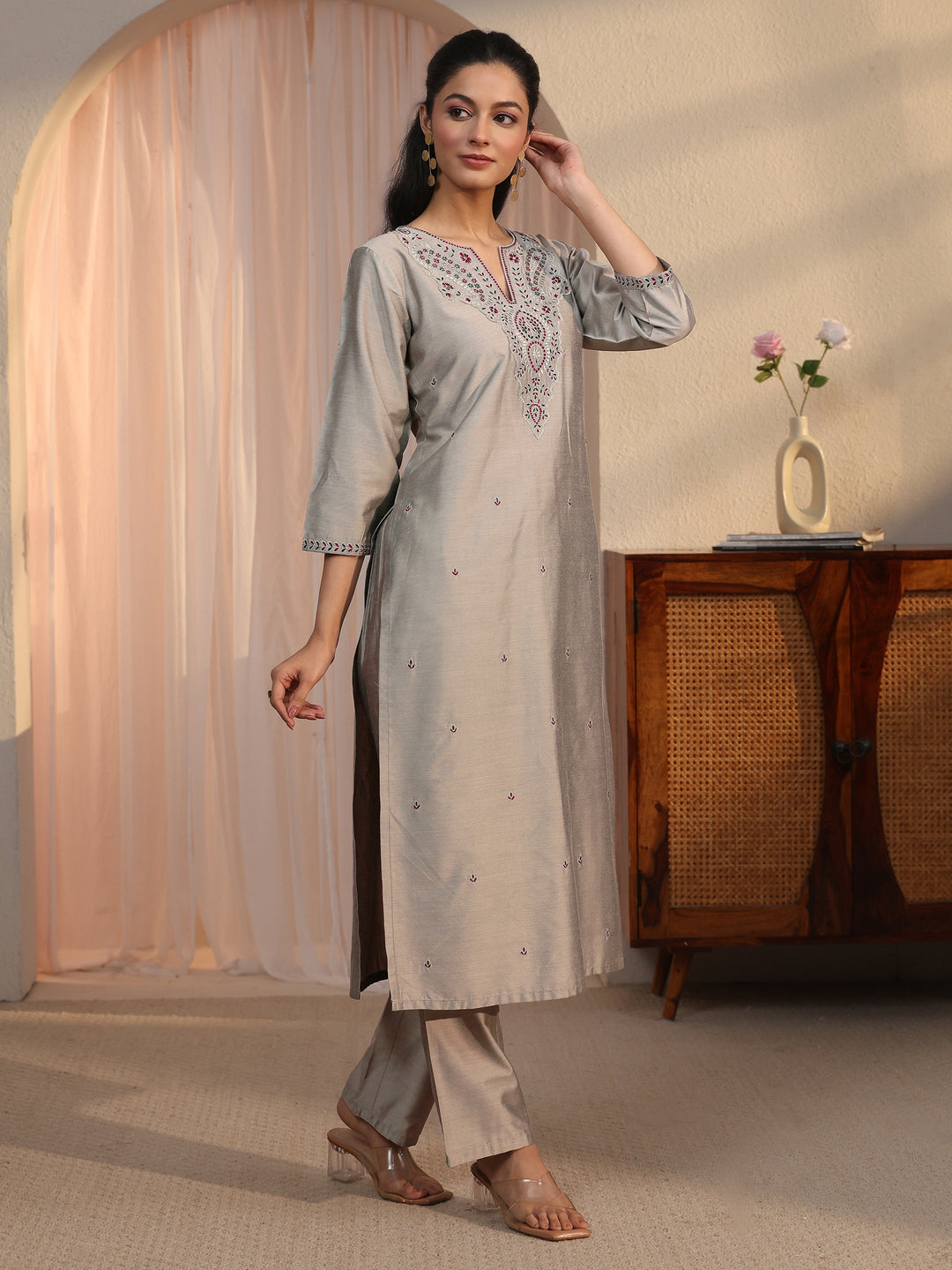 Libas Grey Floral Embroidered Silk Blend Straight Kurta Set