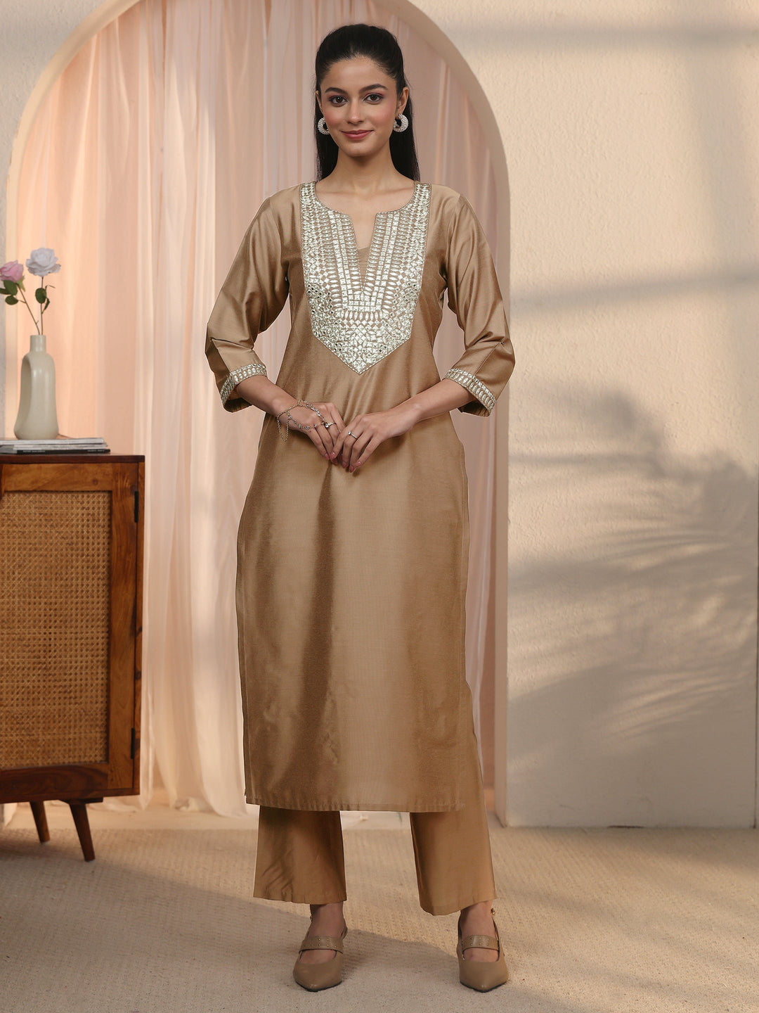 Libas Brown Yoke Design Embroidered Straight Kurta Set