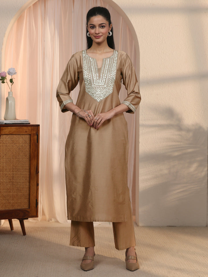 Libas Brown Yoke Design Embroidered Straight Kurta Set