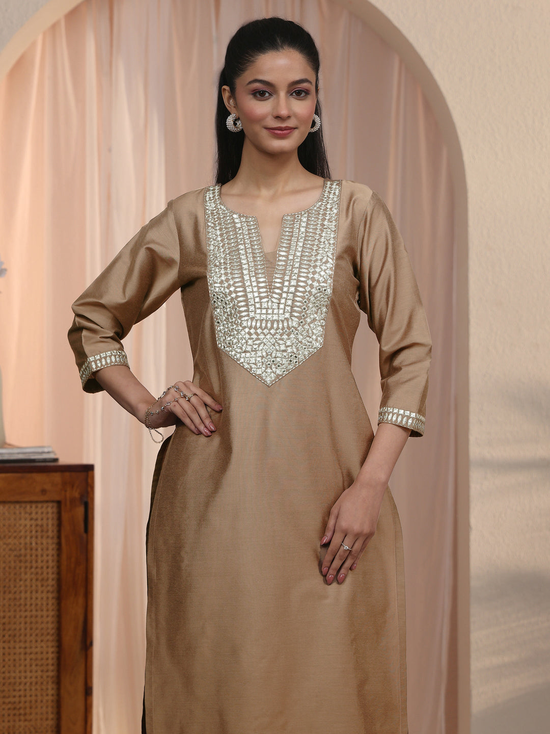 Libas Brown Yoke Design Embroidered Straight Kurta Set