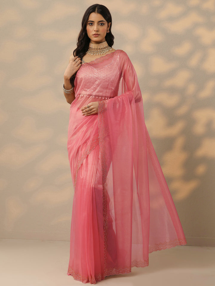 Peach Embellished Nylon Saree With Unstitched Blouse Piece